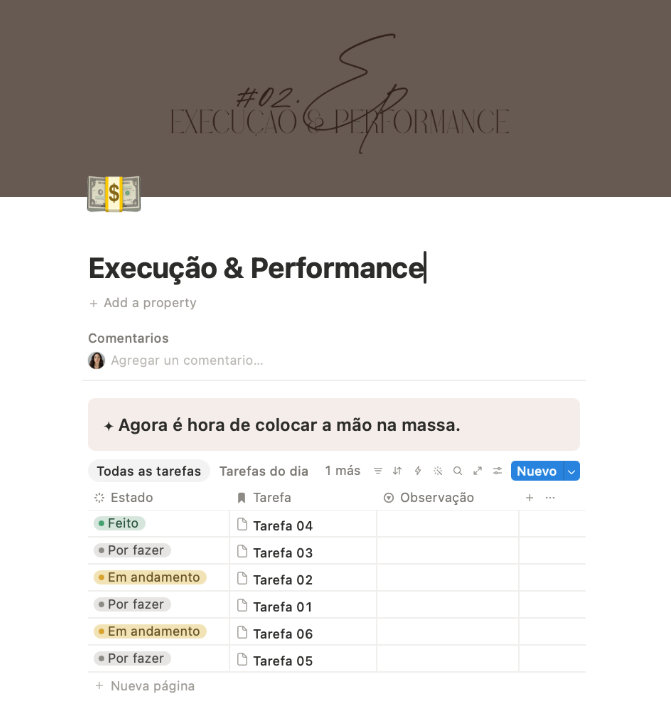 Tela real Execução e Performance com tarefas do dia e status Por fazer, Em andamento e Feito