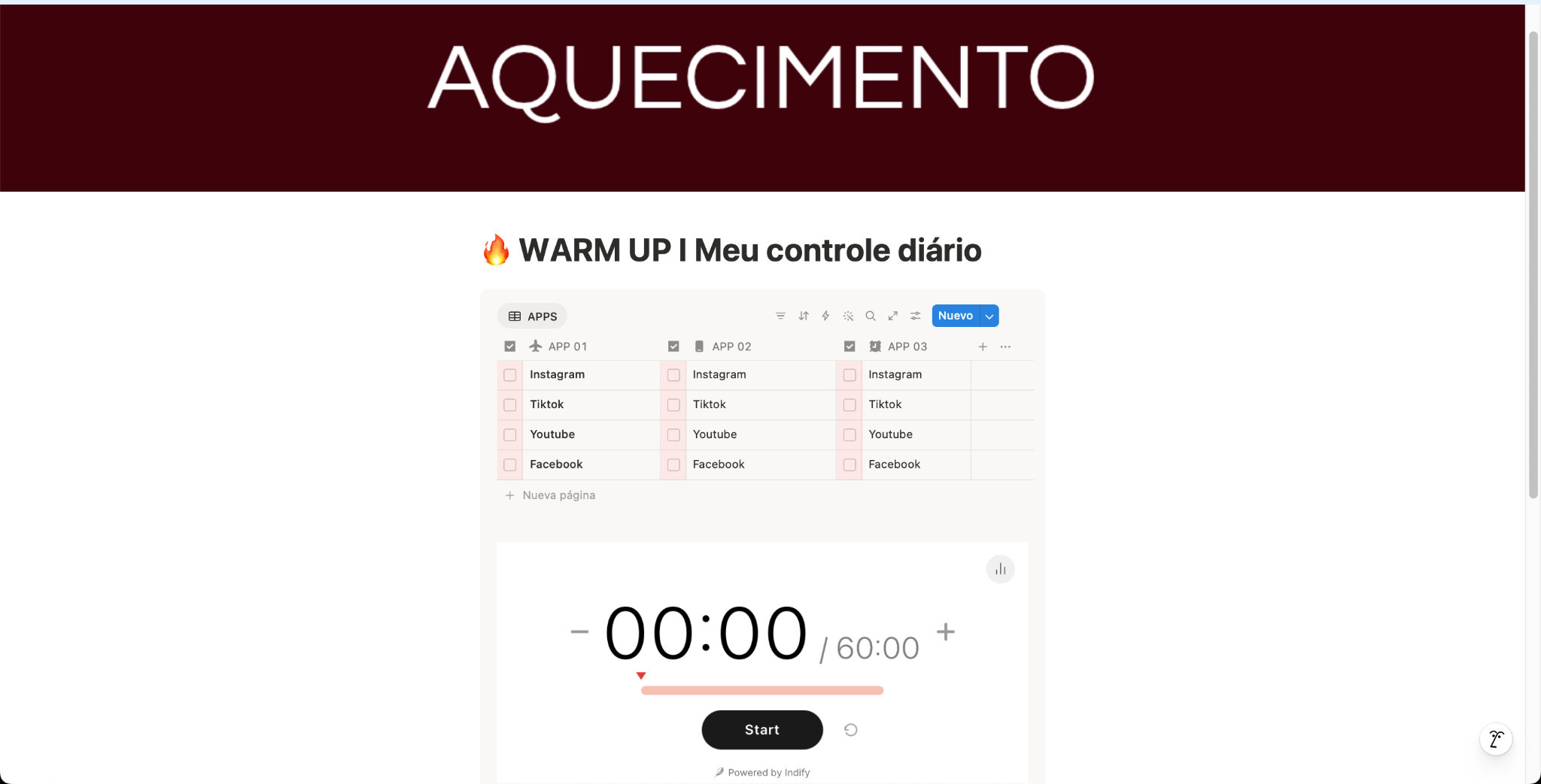 Ferramenta WARM UP no Notion, sem abas do navegador